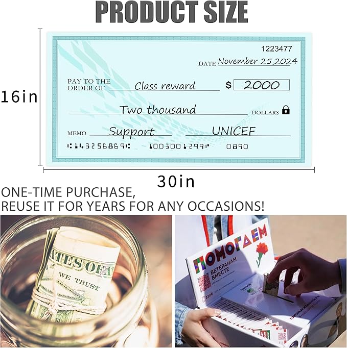Reusable Large Check Big Check - 30" x 16" Giant Dry Erase Checks for Presentations, Novelty Oversized Blank Checks,Large Fake Checks for Donation, Awards,Fundraisers