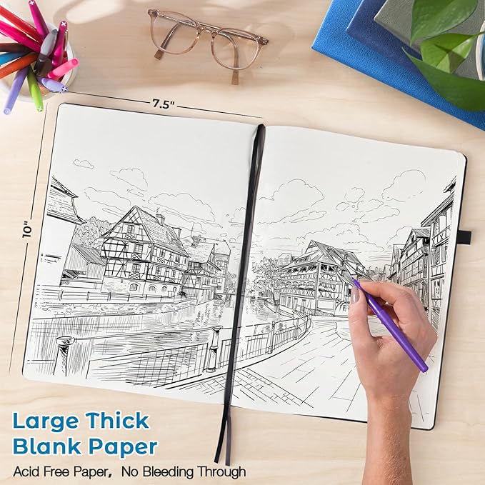 Blank Notebook, Hardcover Sketch Book, 8.5" x 11" Large Blank Journal, No Bleed Thick Paper Sketchbook for Drawing Art, Unlined Notebook Journal for Women Men, A4 Leather Sketchbook, Lay Flat, Blue