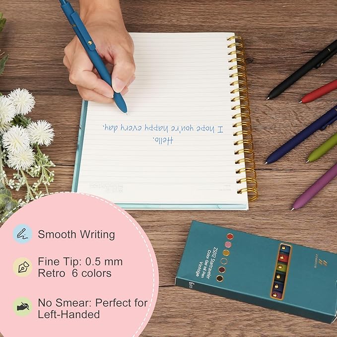 Ddaowanx Colorful Gel Pens, 0.5mm Fine Point Retractable,Multi Colored Pens for Journaling and Sketching, Teacher Must Haves,Teacher School Supplies, Gifts for Women (6Pcs-Vintage Colors)