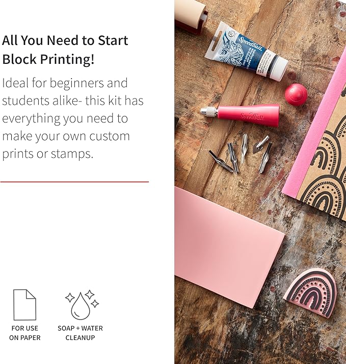 Speedball 3471 Super Value Block Printing Starter Kit – Includes Ink, Brayer, Lino Handle and Cutters, Speedy-Carve