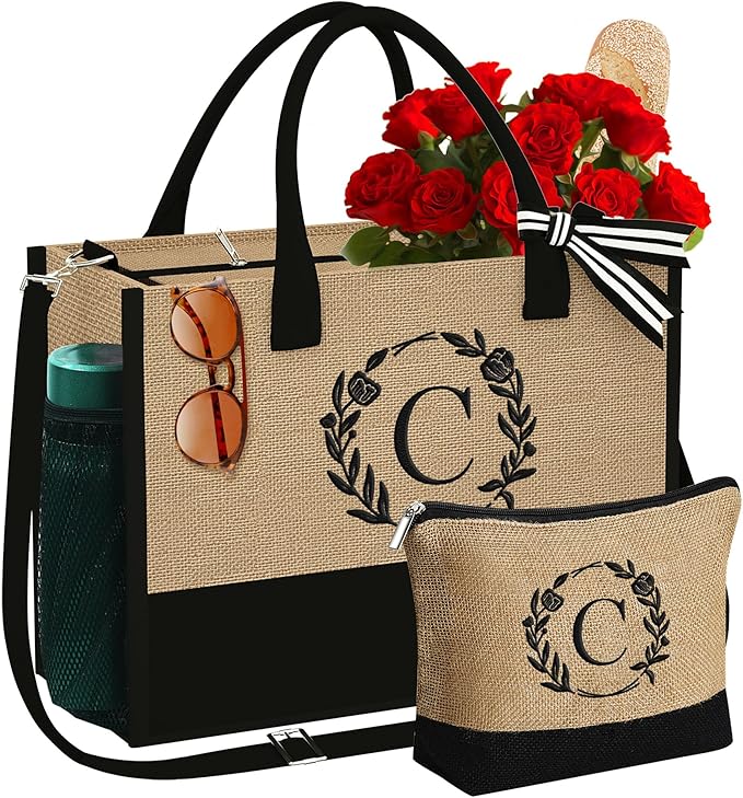 YOOLIFE Christmas Gifts for Women - Initial Tote Bag & Makeup Bag, Birthday Gifts for Women Mom Teacher Friend Christmas Gift