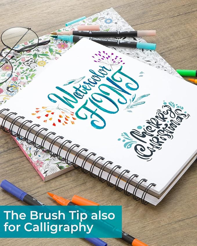 Ohuhu Markers: 160 Colors Brush Pens Dual Brush Fine Tip Drawing Pens Water-Based Coloring Markers for Calligraphy Bullet Journal with Carrying Case - Maui - Black