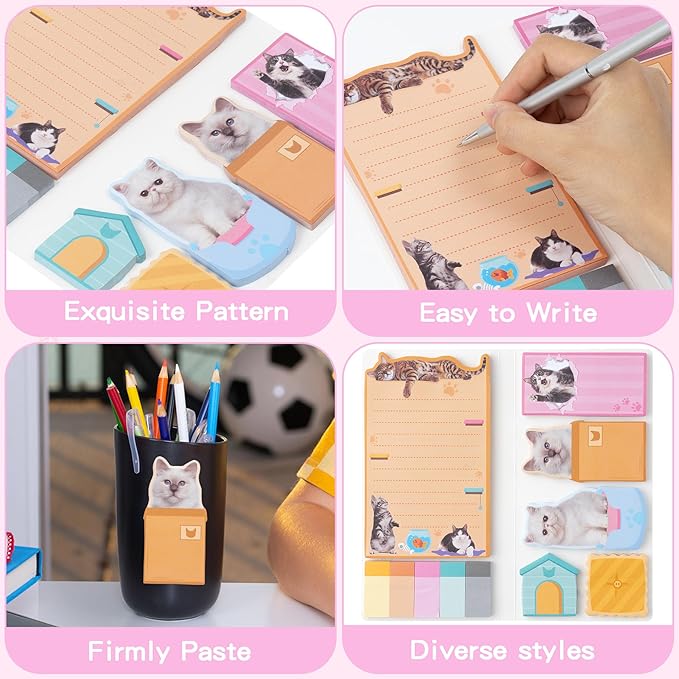 B1ykin Sticky Notes Set - Cartoon Theme Cute Self-Stick Notes Pad Teacher Appreciation Gifts, Self-Adhesive Writing Memo Pages Sticky to Do Notepad for Kids Employee School Office (Cat Lovers)