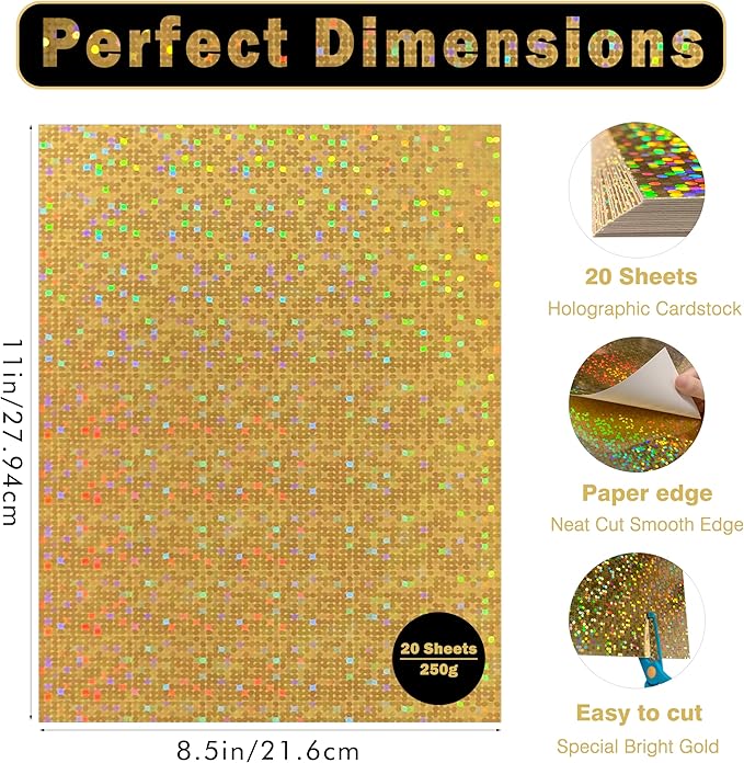 20 Sheetsgold glitter Iridescent cardstock Paper,Gold Foil Cardstock Paper8.5" x 11", Die Cut and Plotter Compatible - Perfect for Card Making, Invitations & Decorations 