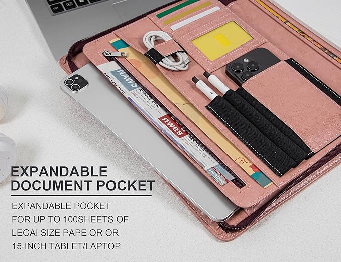 Calfinder Leather Padfolio for Women, Professional Vegan Leather Resume Zippered Portfolio Folder, Business Portfolio Organizer with A4/US Letter Writing Pad Holder, Gift for Women/Girls, Pink