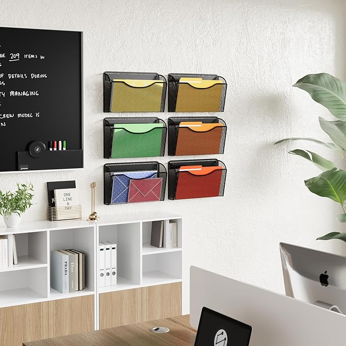 Mesh Hanging Wall File Holders, Vertical Mounted File Holder,Wall Basket Mail Organizer for Office, Home and School (Black 6Pack)