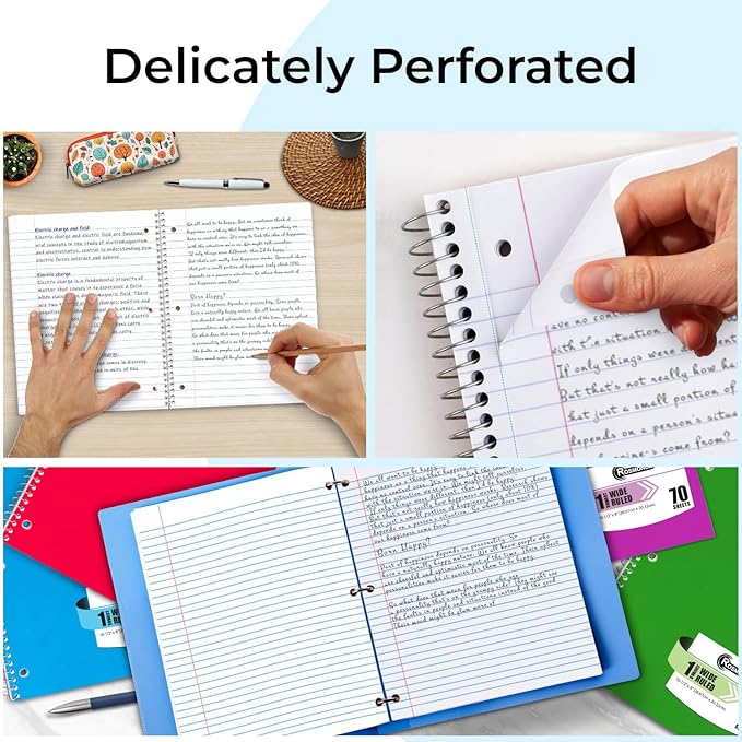 Spiral Notebooks, 12 Pack, 1 Subject Notebook, Wide Ruled, 70 Sheets, 8 x 10-1/2", 3 Hole Punched, School Supplies, Bulk Single Subject Spiral Notebook Bulk, Assorted Colors Pack of Notebooks