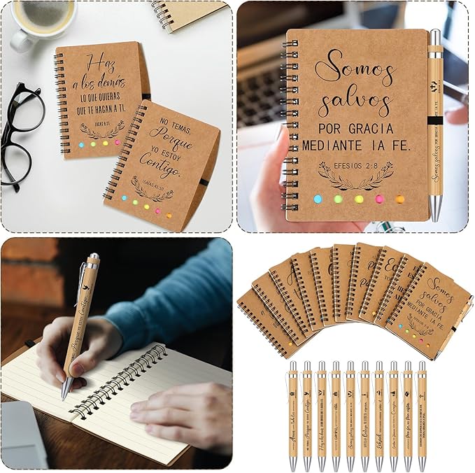 20 Pcs Spanish Christian Gifts Bulk Religious Notebooks with Bible Verse Pens,Inspirational Spiral Prayer Journal and Pen Set Church Gifts for Women Men Sunday Church Party Favors (Kraft)