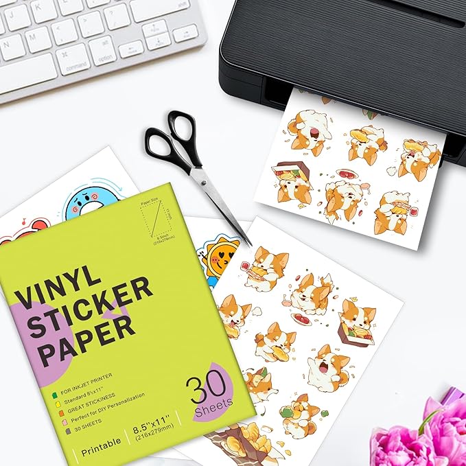 30 Sheets Premium Printable Vinyl Sticker Paper for Inkjet Printers Glossy White 8.5x11 Inch Waterproof & Vibrant Colours Retains Ink Well Tear Resistant Great for Cutting Machines