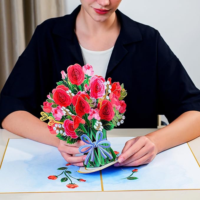 Paper Love 3D HugePop Red Roses Pop Up Card, with Detachable Paper Flower Bouquet, Gift For Birthday, Anniversary, All Occasion - Jumbo 10" x 14" Cards - Includes Envelope and Note
