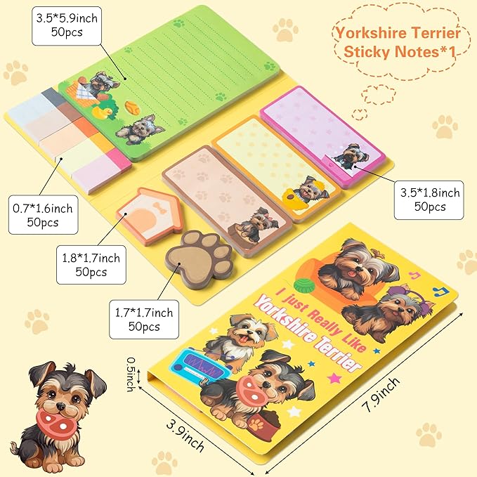 B1ykin Sticky Notes Set - Cartoon Theme Cute Self-Stick Notes Pad Teacher Appreciation Gifts, Self-Adhesive Writing Memo Pages Sticky to Do Notepad for Kids Employee School Office (Yorkshire Terrier)