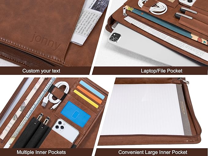 Personalized Leather Portfolio with Zipper, Professional Business Portfolio with A4/US letter Writing Pad holder for Resume, Interview, Leather Portfolio for Men and Women, Brown, Customized