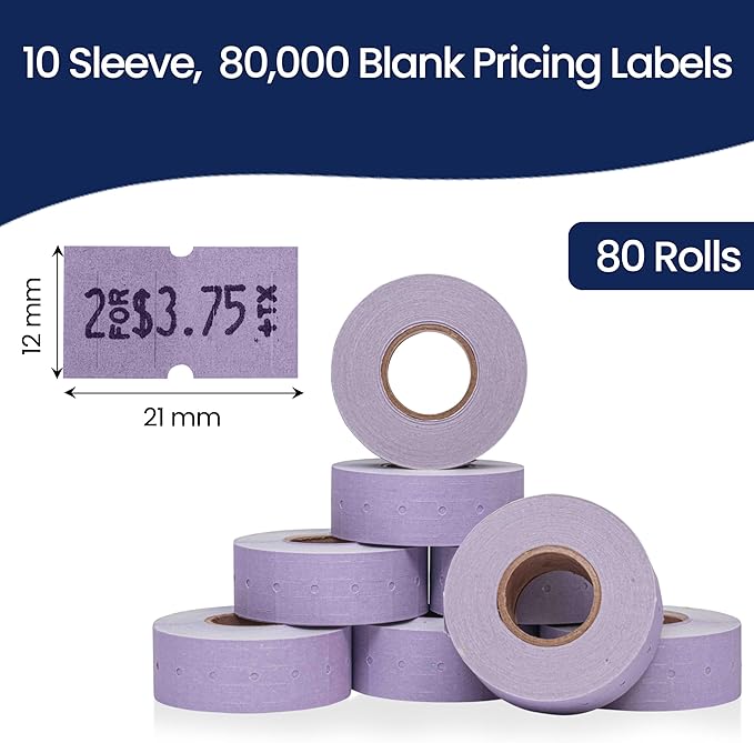 Perco 2 Line Lavender Labels - 80 Rolls, 10 Sleeves, 80,000 Blank Price and Date Gun Labels for Perco 2 Line Price and Date Guns - Made in USA