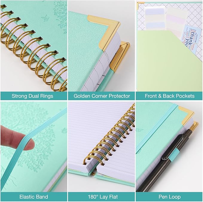 Spiral Notebook, College Ruled Notebook, 8.5" x 11", 300 Pages Leather Journals for Writing, A4 Hardcover Journaling Notebooks for Work School, 24pcs Tabs, Large Embossed Journal for Women Men, Teal