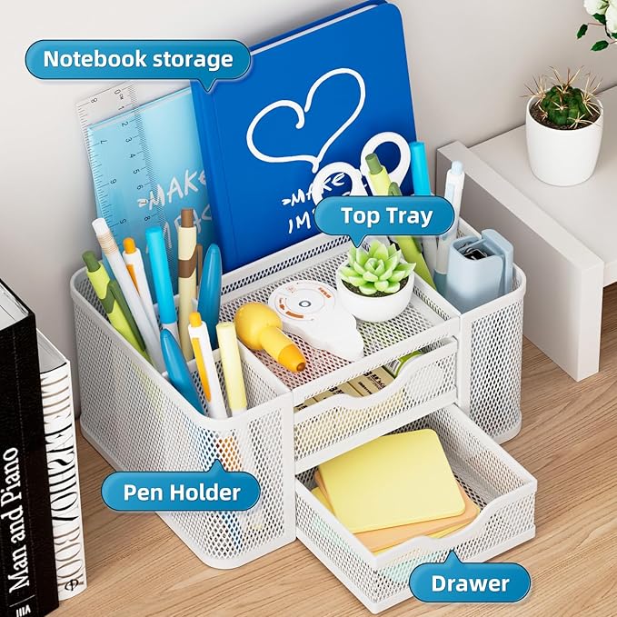 Marbrasse Mesh Desk Organizer, Pen Organizer with 2 Drawer, Multi-Functional Pencil Holder for Desk, Desk Organizers and Accessories with 5 Compartments + Drawer for Office Art Supplies (White)