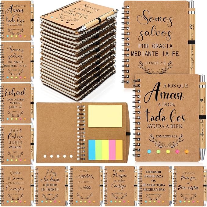 20 Pcs Spanish Christian Gifts Bulk Religious Notebooks with Bible Verse Pens,Inspirational Spiral Prayer Journal and Pen Set Church Gifts for Women Men Sunday Church Party Favors (Kraft)