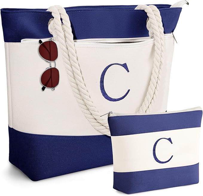 YOOLIFE Christmas Gifts for Women - Initial Canvas Tote Bag & Makeup Bag, Birthday Gifts for Women Mom Teacher Friend Sister