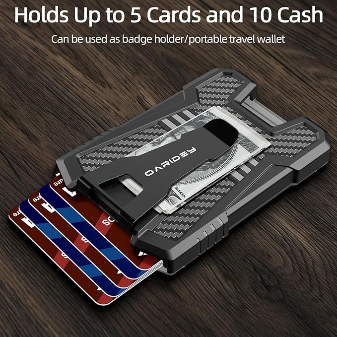 Oaridey Carbon Fiber Badge Holder/ID Card Holder/Portable Travel Wallet with Manganese Steel Clip, Heavy Duty Vertical Clear ID Holder for Work ID, Credit Cards