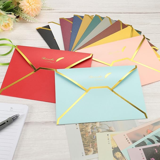PATIKIL V Flap Envelopes, 10 Pack 7 x 5'' Luxury Style Gold Border Greeting Card Envelope for Invitations Weddings, Green