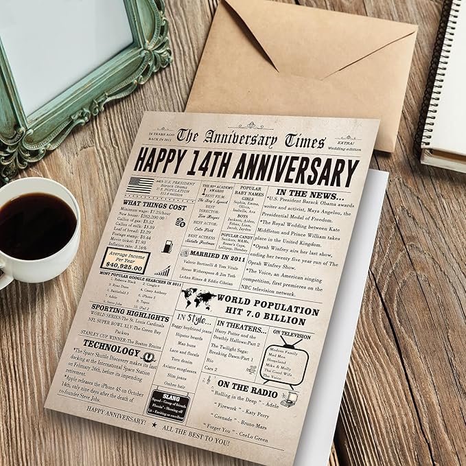 Vintage 14th Anniversary Card Gift for Him Her, Large 14 Year Wedding Anniversary Card Gift for Mom Dad Parents, Ivory Anniversary Card for Wife Husband Couple
