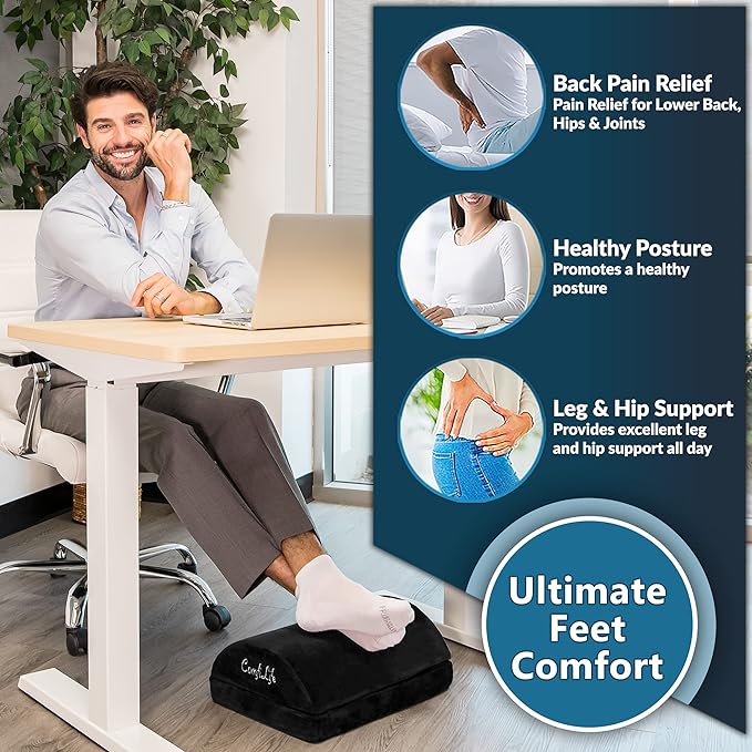 ComfiLife Ergonomic Under Desk Foot Rest for Office Use – Adjustable Height Memory Foam Foot Stool Under Desk for Office Chair & Gaming Chair – for Back & Hip Pain Relief (Black)