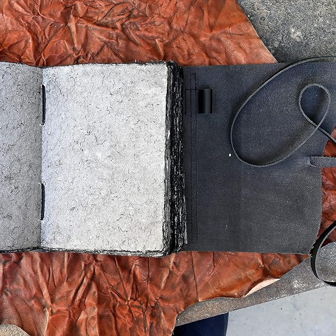 Vintage Black Leather Journal - 200 Pages Gray Deckle Edge Rustic Paper, Unlined Pages Book of Shadows, Grimoire, Junk Notebook, Fantasy Medieval Gifts, Sketchbook, Scrapbook (Raven Black, 12"x9")