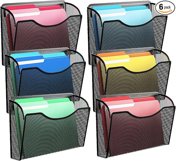 Mesh Hanging Wall File Holders, Vertical Mounted File Holder,Wall Basket Mail Organizer for Office, Home and School (Black 6Pack)