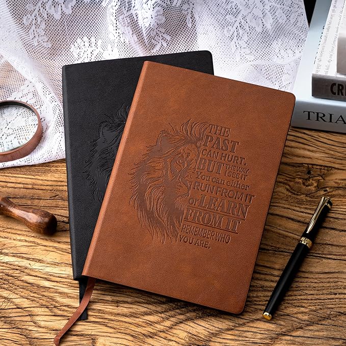 2 Pack A5 Lined Journal for Men Soft Cover Journals for Writing with 256 Pages Vintage Lion Journaling Notebooks (Brown and Black, A5)