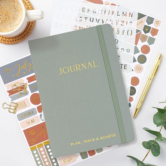 ZICOTO Ultimate All-in-One Journaling Kit - Incl. Journal Notebook With Linen Hardcover and Dotted Pages, Stencils, Stickers, Washi Tapes, Paper Clips and More Bullet Checklist Supplies