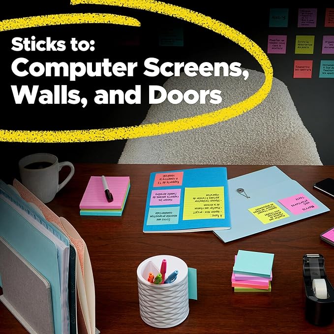 Post-it Super Sticky Lined Notes, 3 Sticky Note Pads, 4 x 6 in., School Supplies for Students, Ideal for Textbooks, Notebooks, Walls and Vertical Surfaces, Supernova Neons Collection