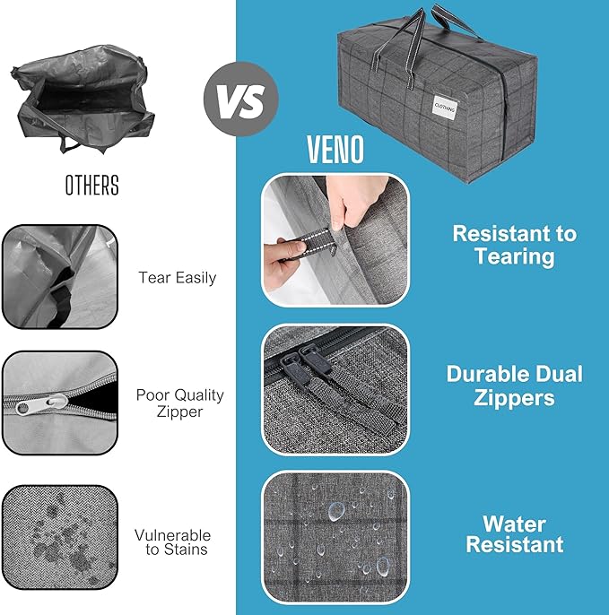 VENO 4 Pack Moving Bags w/Backpack Straps, Moving Boxes & Storage Bins Alternative, Packing Supplies, Camping Accessories Totes for Storage, Dorm Room Essentials Storage Bags (Windowpane, 4 Pack)