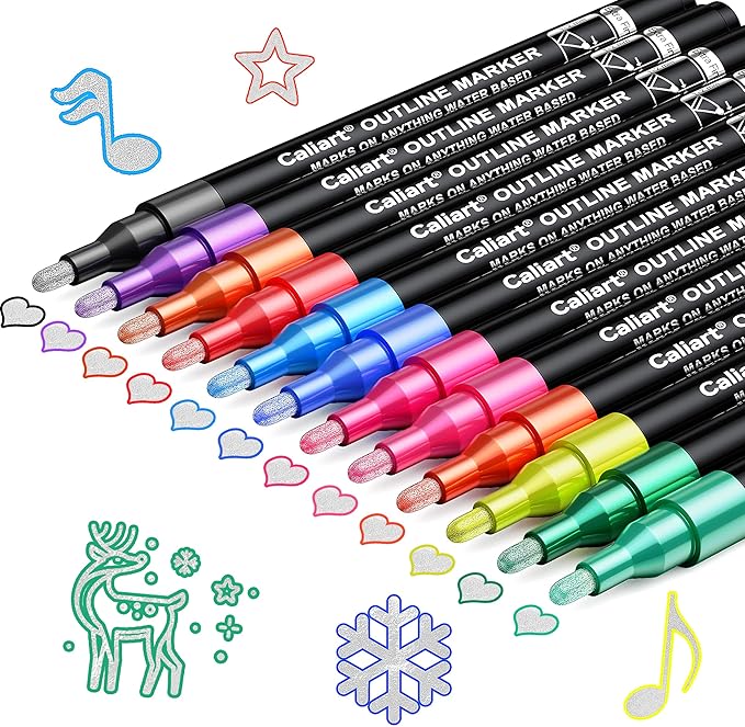 Caliart Easter Basket Stuffers, 12-Color Shimmer Double-Line Drawing Doodle Outline Markers, Teen Girl Gifts Trendy Stuff, Glitter Pens Set Classroom Art Supplies for 4-6-8-10-12 Year Old