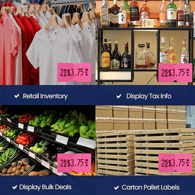 Perco 1 Line Fluorescent Pink Labels - 80 Rolls, 10 Sleeves, 80,000 Blank Price and Date Gun Labels for Perco 1 Line Price and Date Guns - Made in USA