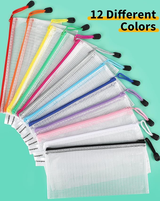 Smarpau 60 Pcs Pencil Pouch, 12 Colors 9.3" x 4.7" Small Mesh Zipper Pouches Clear Pencil Case, Waterproof Zipper Pencil Bags for Organizing Travel, Office Storage