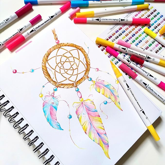 Ohuhu Markers for Adult Coloring Books No Bleeding 120 Colors Coloring Markers Water-based Dual Tips Fineliner & Brush Drawing Pens Art Markers for Kids Adults Sketch Journal - Maui - White
