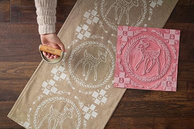 Speedball Block Printing Fabric Starter Kit, 7 Pieces – Includes Ink, Hard Brayer, Lino Handle and Cutters, Speedy-Carve Relief Carving Rubber