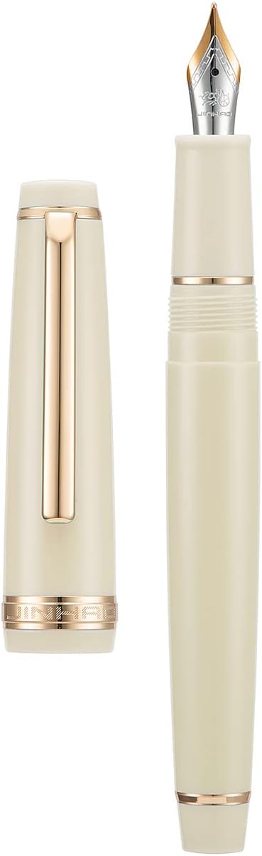 Jinhao 82 Ivory White Acrylic Fountain Pen, Iridium Bent Nib Classic Design Smooth Writing Pen with Ink Converter (Gold Trim)