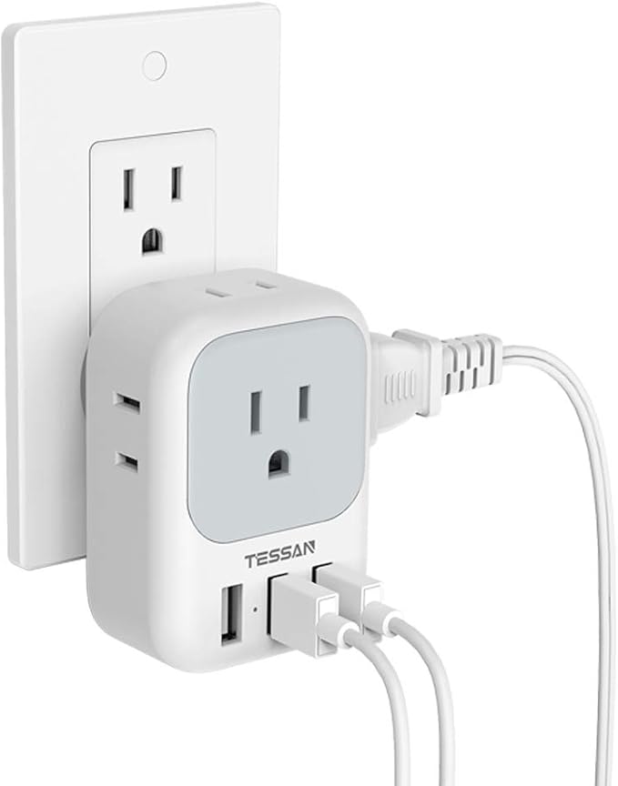 USB Charger Block, TESSAN Wall Plug Adapter with Electrical 4 Box Splitter 3 USB Wall Charger Ports, Multi Plug Outlet Extender Charging for Cruise, Travel, Office, Dorm Essentials