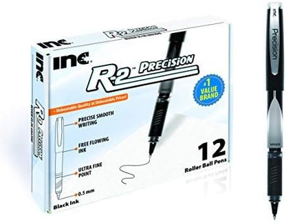 Inc. R2 Precision Rollerball Pens - 0.5 mm Ultra Fine-Point Pen Set With Comfort Grip for School, Office, Writing, and Journaling, 12 Pack, Black Ink