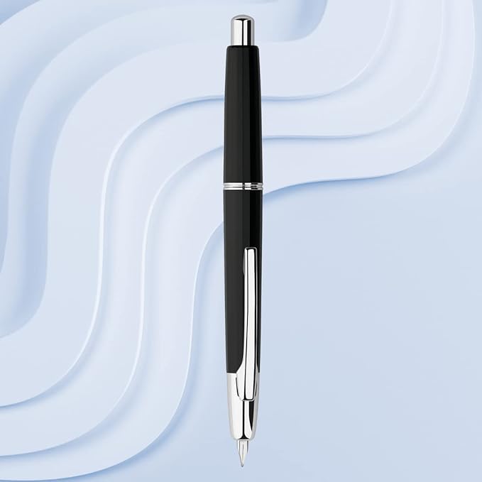 Majohn A2 Press Fountain Pen Extra Fine Nib with Box, Retractable Black Resin Ink Pen with Converter Writing Pen Set (Silver Clip Version）