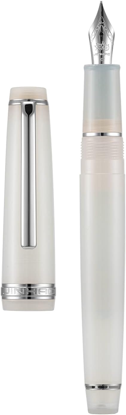 Jinhao 82 Acrylic Fountain Pen, Iridium Fine Nib with Ink Converter, Transparent Ivory White Classic Design Smooth Writing Pen (Silver Trim)