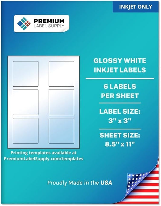 Premium Label Supply Glossy White Square Sticker Labels – 3" x 3" – (6 per Sheet) (Glossy White for Inkjet Only, 150 Labels)