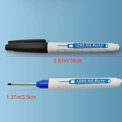 8pcs Waterproof Deep Reach Markers, Long Nose Marker in 2mm Felt Tip, 30mm Reach Permanent Markers and Marker Pens, Deep Hole Marker Carpenter Ink Marker for Carpenters Builders Construction.
