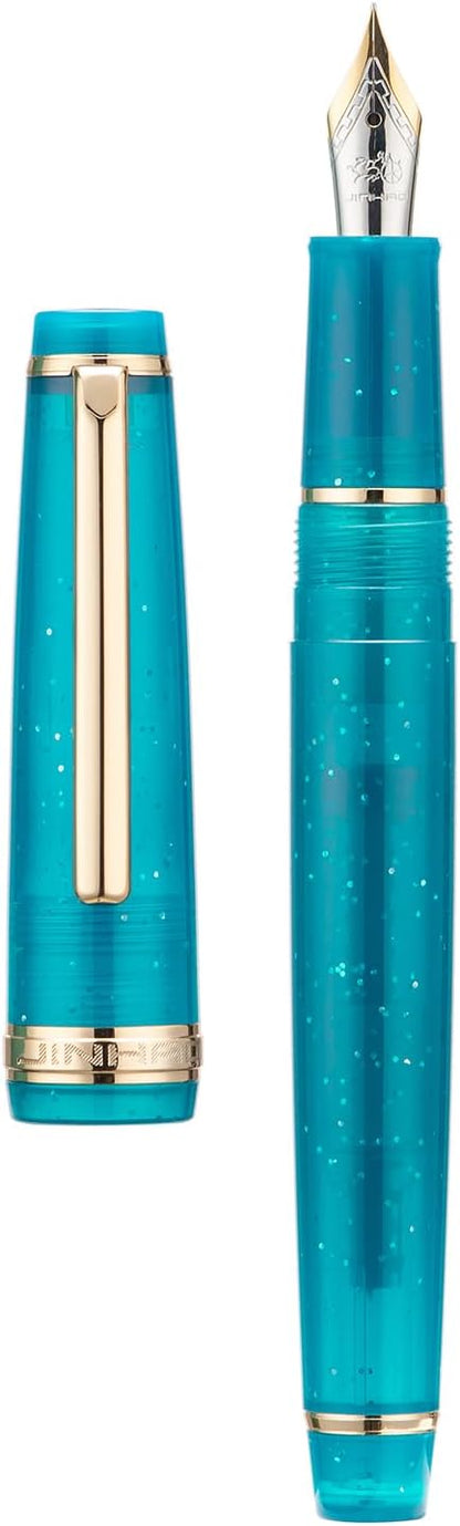 Jinhao 82 Acrylic Fountain Pen, Iridium Extra Fine Nib with Ink Converter, Transparent Peacock Blue Fluorescent Classic Design Smooth Writing Pen (Gold Trim)