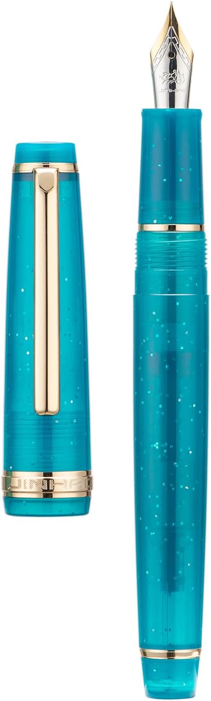 Jinhao 82 Acrylic Fountain Pen, Iridium Extra Fine Nib with Ink Converter, Transparent Peacock Blue Fluorescent Classic Design Smooth Writing Pen (Gold Trim)