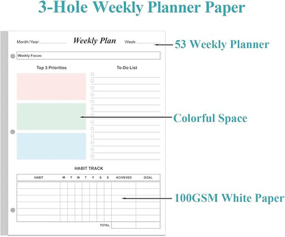 3-Hole Weekly Planner Refills - 53 Sheets/106 Pages Colorful Weekly Planner for 3 Ring Binders, 100 gsm White Paper, 8.5'' x 11''
