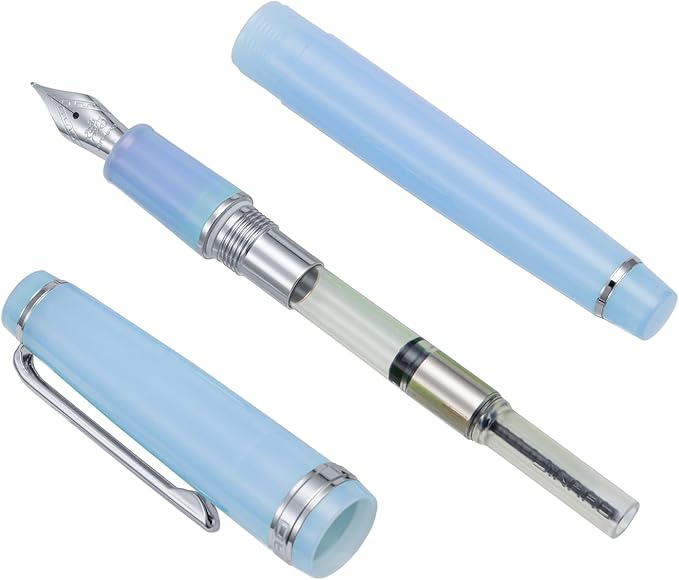 Jinhao 82 Acrylic Fountain Pen, Iridium Bent Nib with Ink Converter, Transparent Light Blue Classic Design Smooth Writing Pen (Silver Trim)