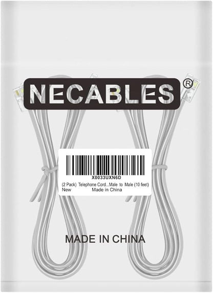 NECABLES 2Pack Phone Cord 10 ft Telephone Cord Phone Cable RJ11 6P4C Male to Male for Landline Phone and Fax - 10 Feet