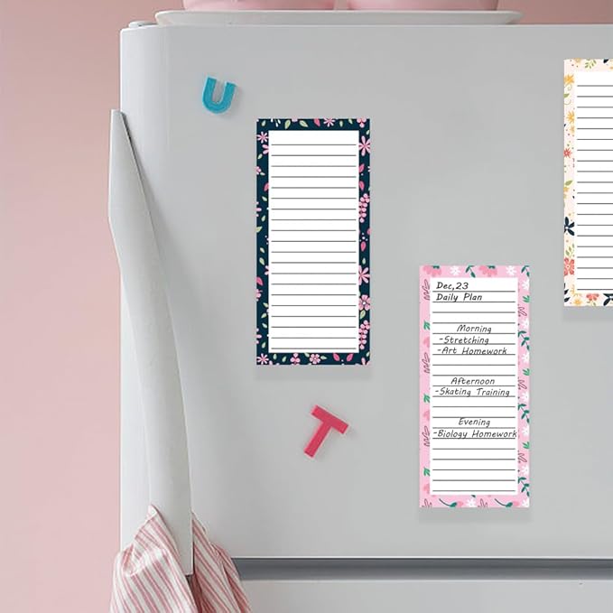 4 Pack Magnetic Notepads for Refrigerator, Full Magnet Back Design Magnetic Memo Pads, 50 Sheets Per Note Pads To-Do List, Shopping List (Floral Style)