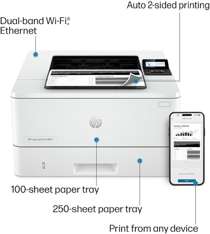 HP LaserJet Pro 4001dw Wireless Black & White Printer, Best-for-Office (2Z601F)